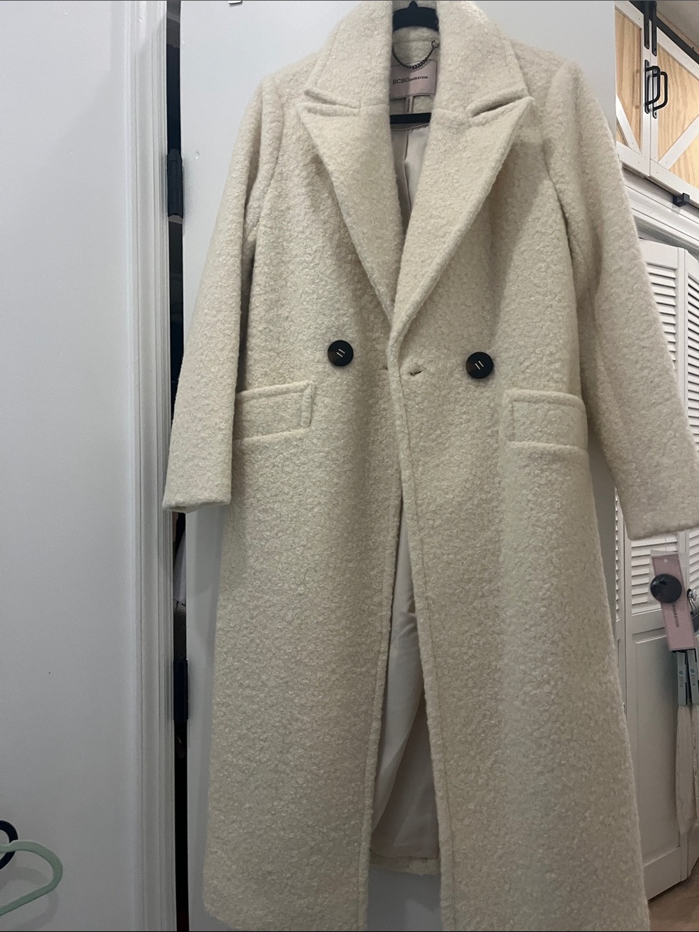 Ivory Double-Breasted Wool-Blend Long Pea Coat
